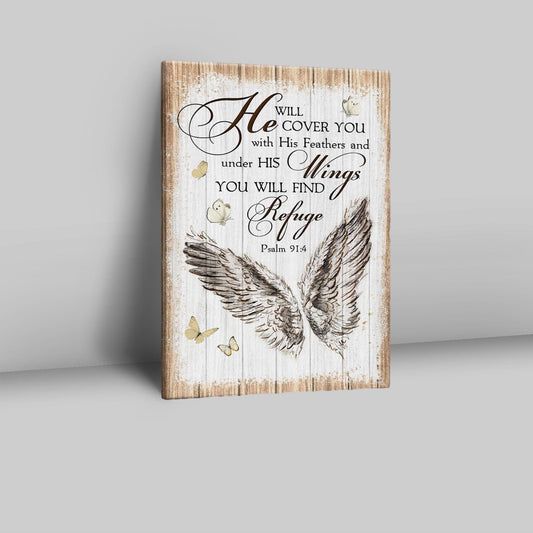 Christian Psalm 914 He Will Cover You With His Feathers Canvas Prints - Bible Verse Wall Decor - Scripture Wall Art