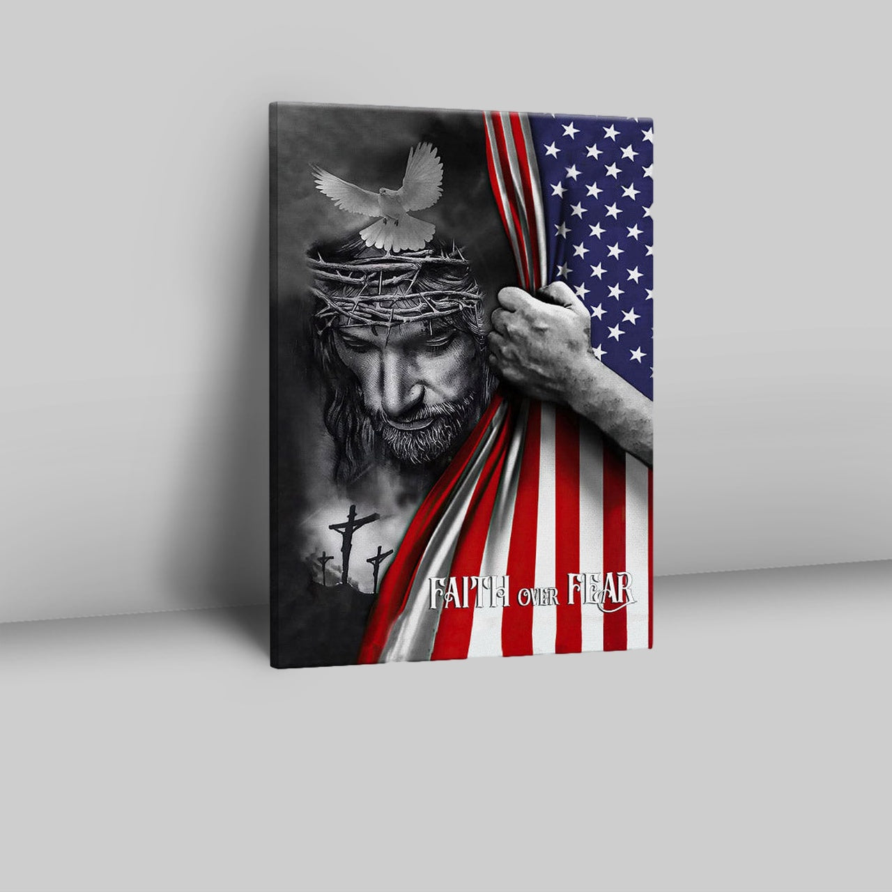 Patriotic Christian Faith Over Fear Jesus Christ American Flag Canvas Prints - Bible Verse Wall Decor - Scripture Wall Art