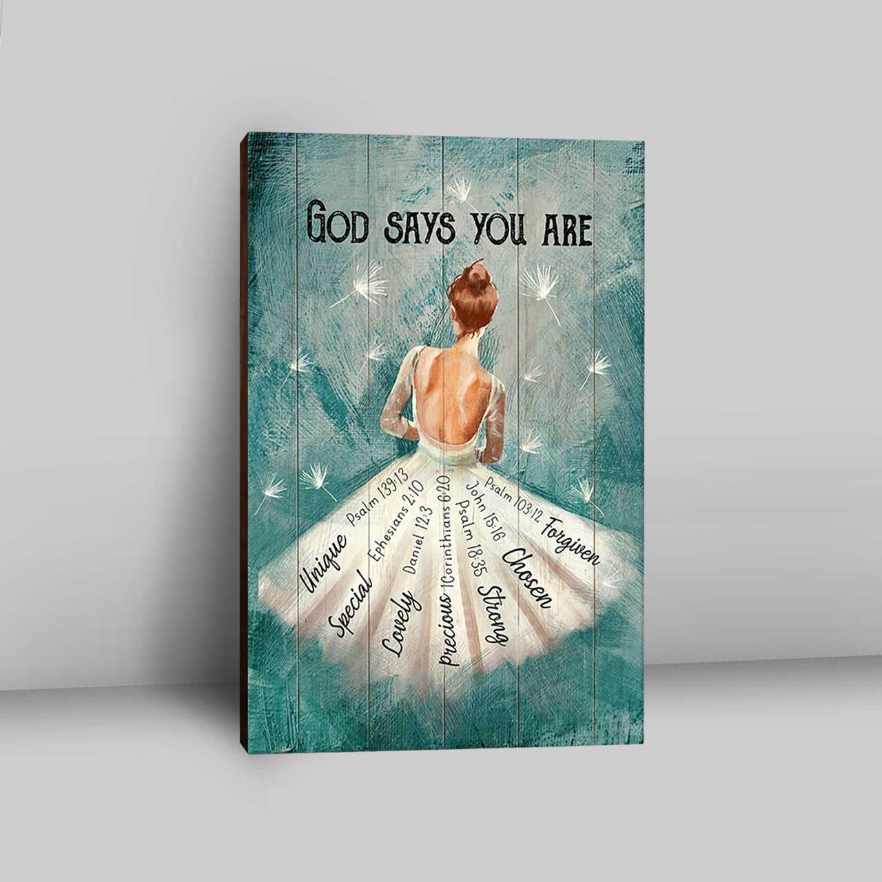 God Says You Are Ballerina White Dandelion Canvas Wall Art - Christian Canvas Prints - Bible Verse Canvas Art