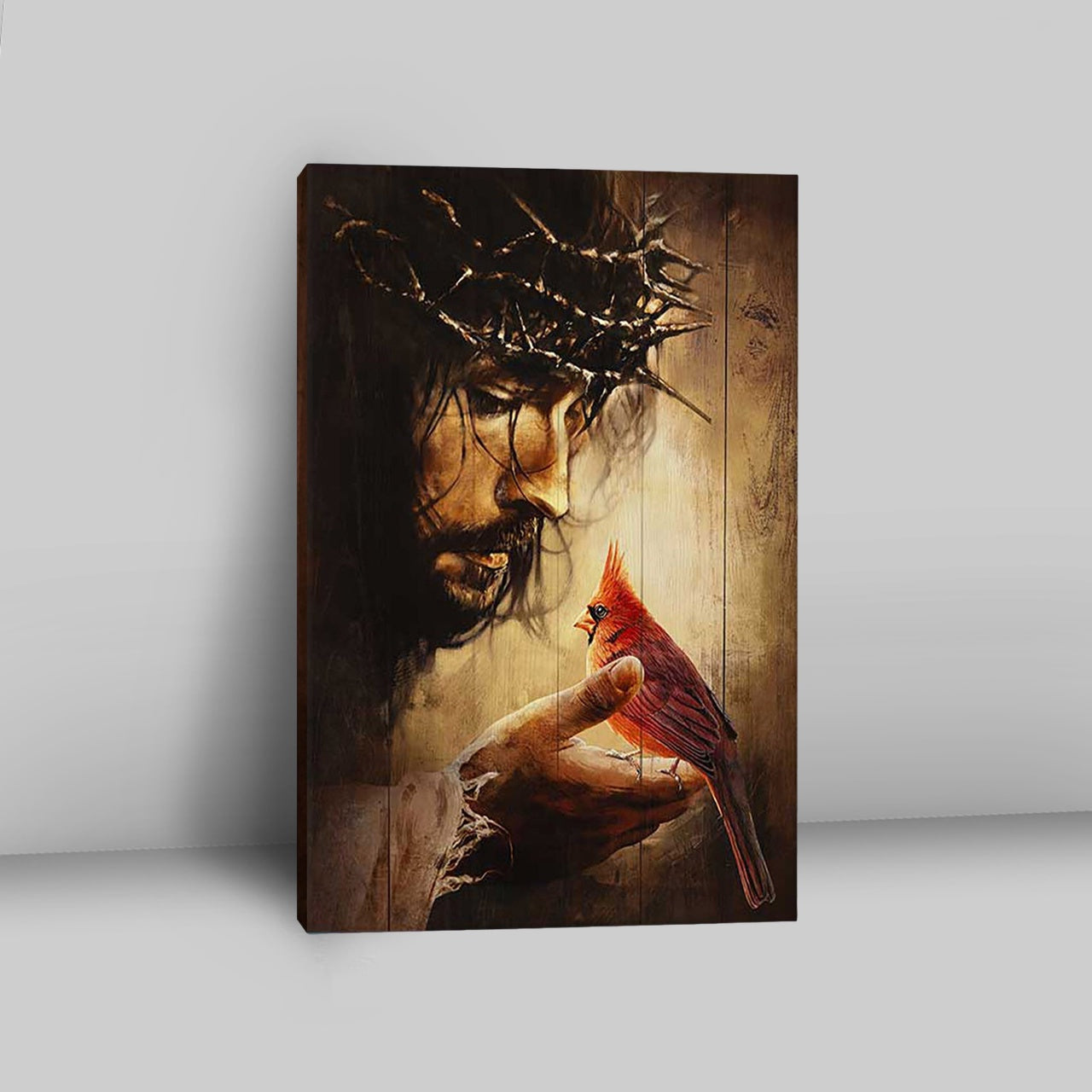 Jesus Hand Red Cardinals Thorn Crown Jesus Wall Art Canvas - Jesus Portrait Canvas Prints - Christian Wall Art