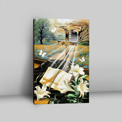 Bible Book Lily Flowers Golden Cross White Butterfly Canvas Wall Art - Bible Verse Canvas Art - Inspirational Art - Christian Home Decor