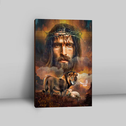 Jesus Crown Of Thorns Lion Lamb Holy Spirit Dove Wall Art Canvas - Jesus Portrait Canvas Prints - Christian Wall Art