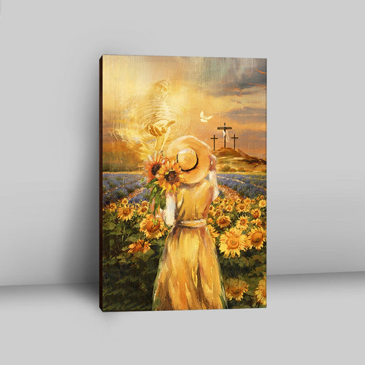 Jesus Hand Beautiful Girl Sunflower Field Cross Canvas Wall Art - Christian Canvas Prints - Bible Verse Canvas Art