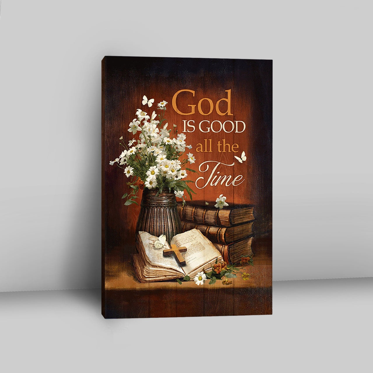 God Is Good All The Time Bible Daisy Vase Vintage White Butterfly Canvas Wall Art - Christian Canvas Prints - Bible Verse Canvas Art