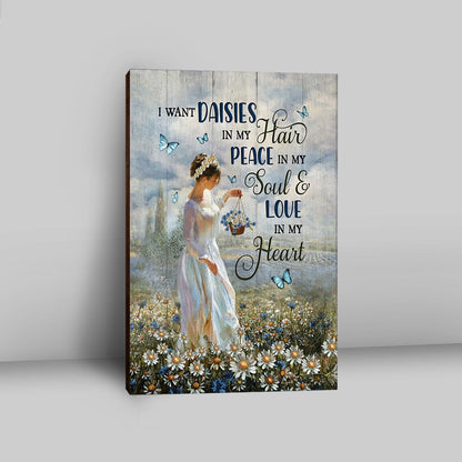 Daisy Field Blue Butterfly Canvas- I Want Daisies In My Hair Canvas Wall Art - Christian Canvas Prints - Bible Verse Canvas Art