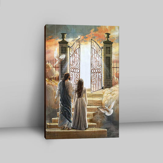 Beautiful Woman And Jesus Flying Dove Heaven Door Canvas Wall Art - Bible Verse Canvas Art - Inspirational Art - Christian Home Decor