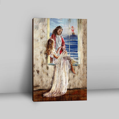 Jesus Christ The Redeemer Beautiful Girl Blue Ocean Wall Art Canvas - Jesus Portrait Canvas Prints - Christian Wall Art