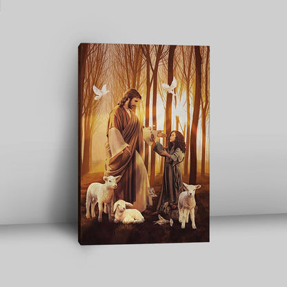 Jesus Little Girl Lamb Of God White Dove Wall Art Canvas - Jesus Portrait Canvas Prints - Christian Wall Art