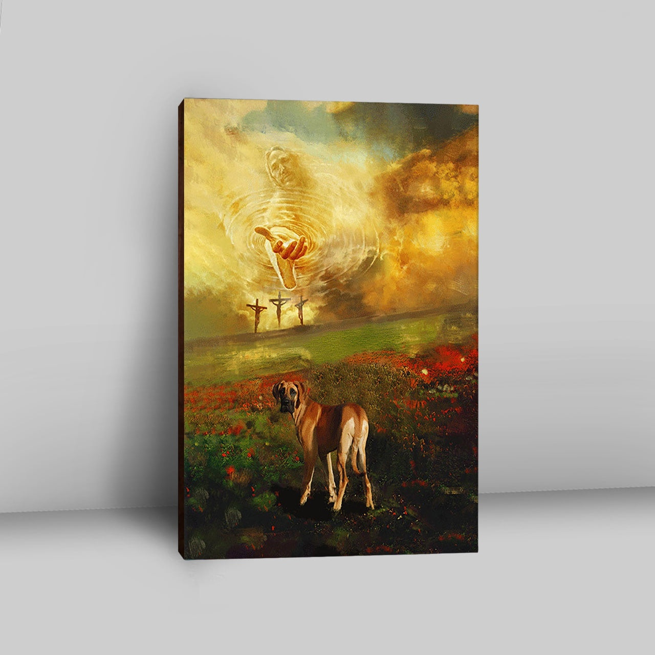 Jesus Hand Great Dane Flower Field Wall Art Canvas - Jesus Portrait Canvas Prints - Christian Wall Art