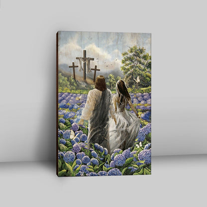 Pretty Girl Walking With Jesus In Purple Hydrangea Flower Field Canvas Print - Inspirational Canvas Art - Christian Wall Art Home Decor