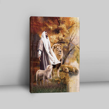 Animal Of God Stunning Lion White Lamb Autumn Forest Canvas Wall Art - Christian Canvas Prints