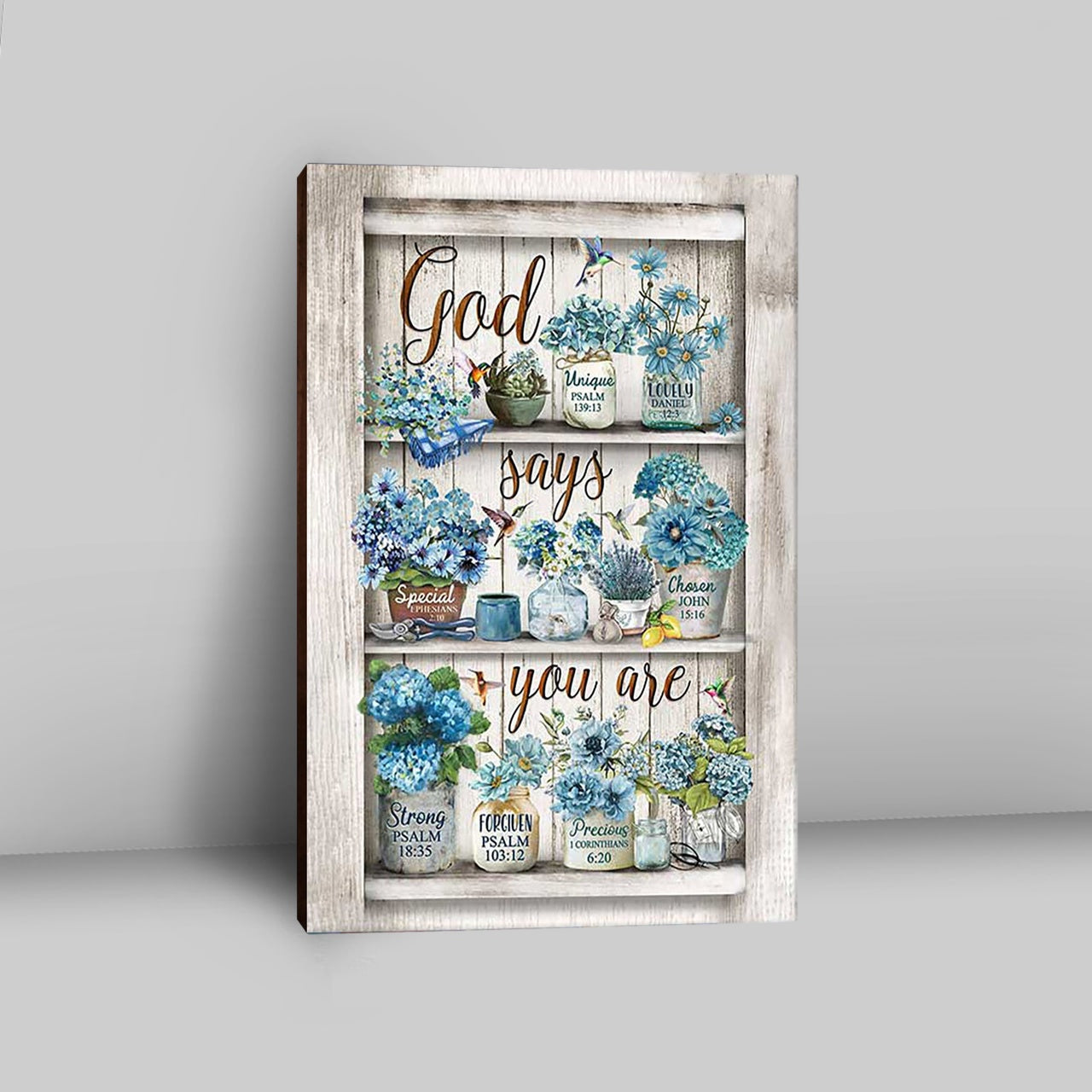 God Says You Are Blue Flower Hummingbird Canvas Wall Art - Bible Verse Canvas Art - Inspirational Art - Christian Home Decor