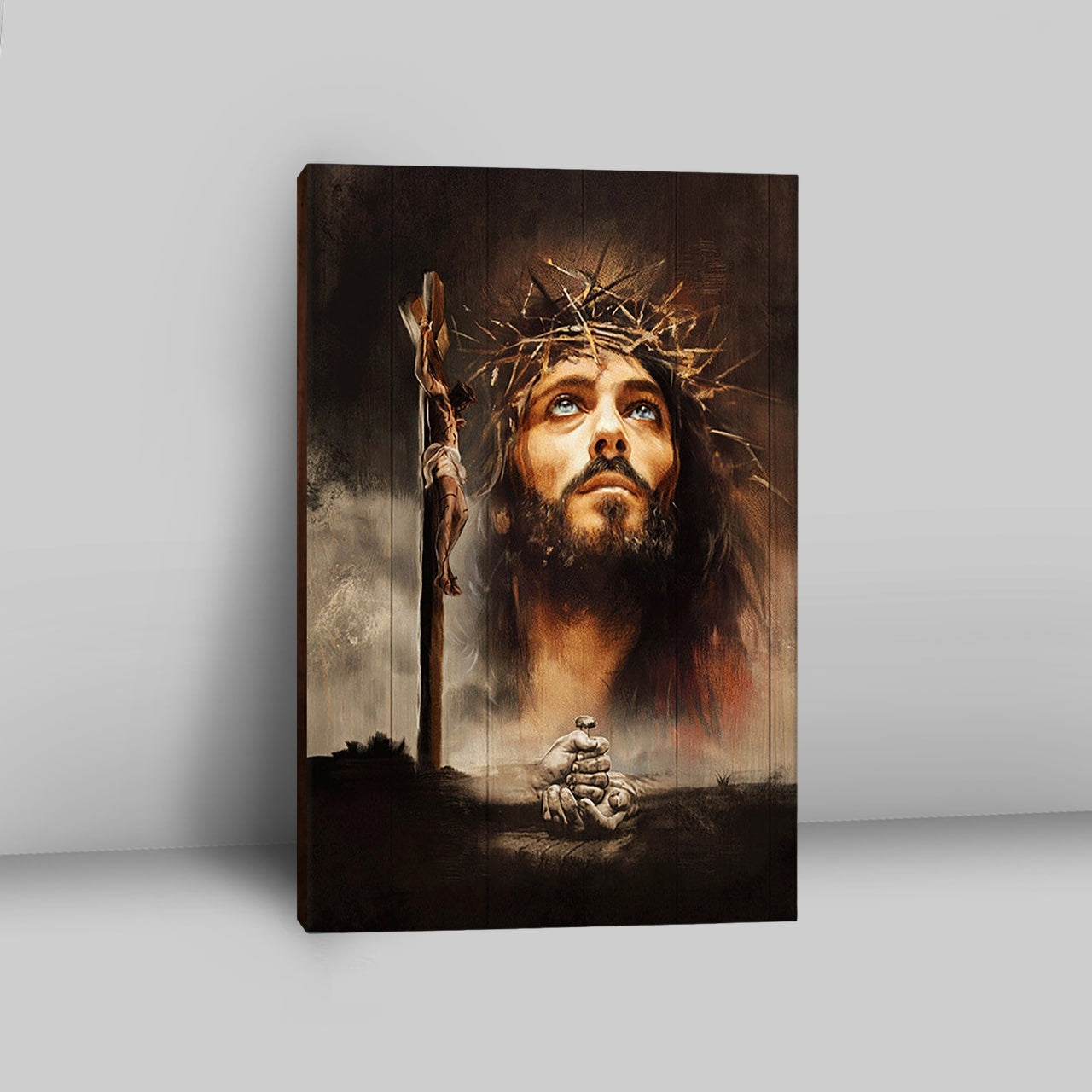 Jesus On The Cross With Crown Of Thorns Canvas Wall Art