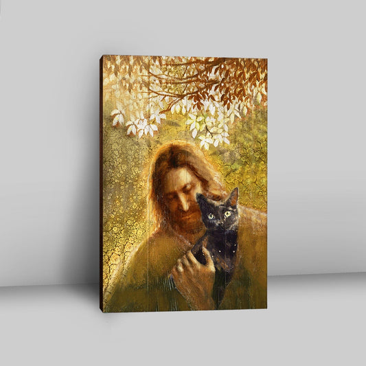 Jesus And Black Cat Canvas Wall Art - Bible Verse Canvas Art - Inspirational Art - Christian Home Decor