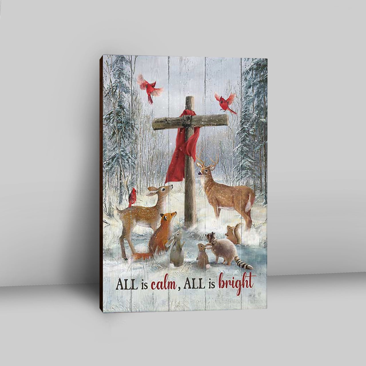 All Is Calm All Is Bright Animal Wooden Cross Canvas Wall Art - Christian Canvas Prints - Bible Verse Canvas Art