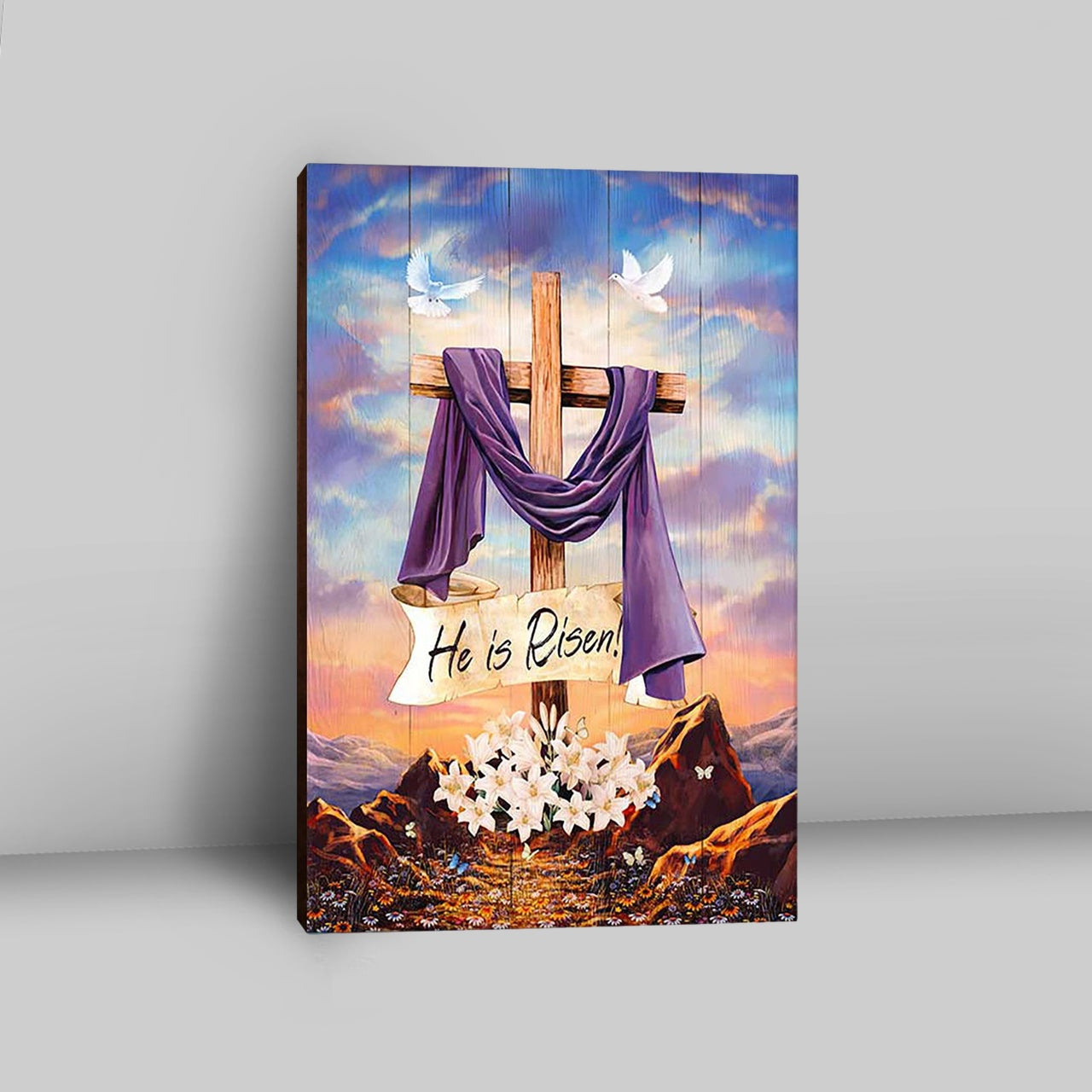He Is Risen Cross Purple Ribbon Lily Flower Canvas Art - Bible Verse W ...