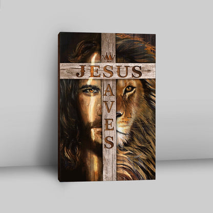 Lion Of Judah Wooden Cross Jesus Saves Canvas - Lion Canvas Print - Christian Wall Art