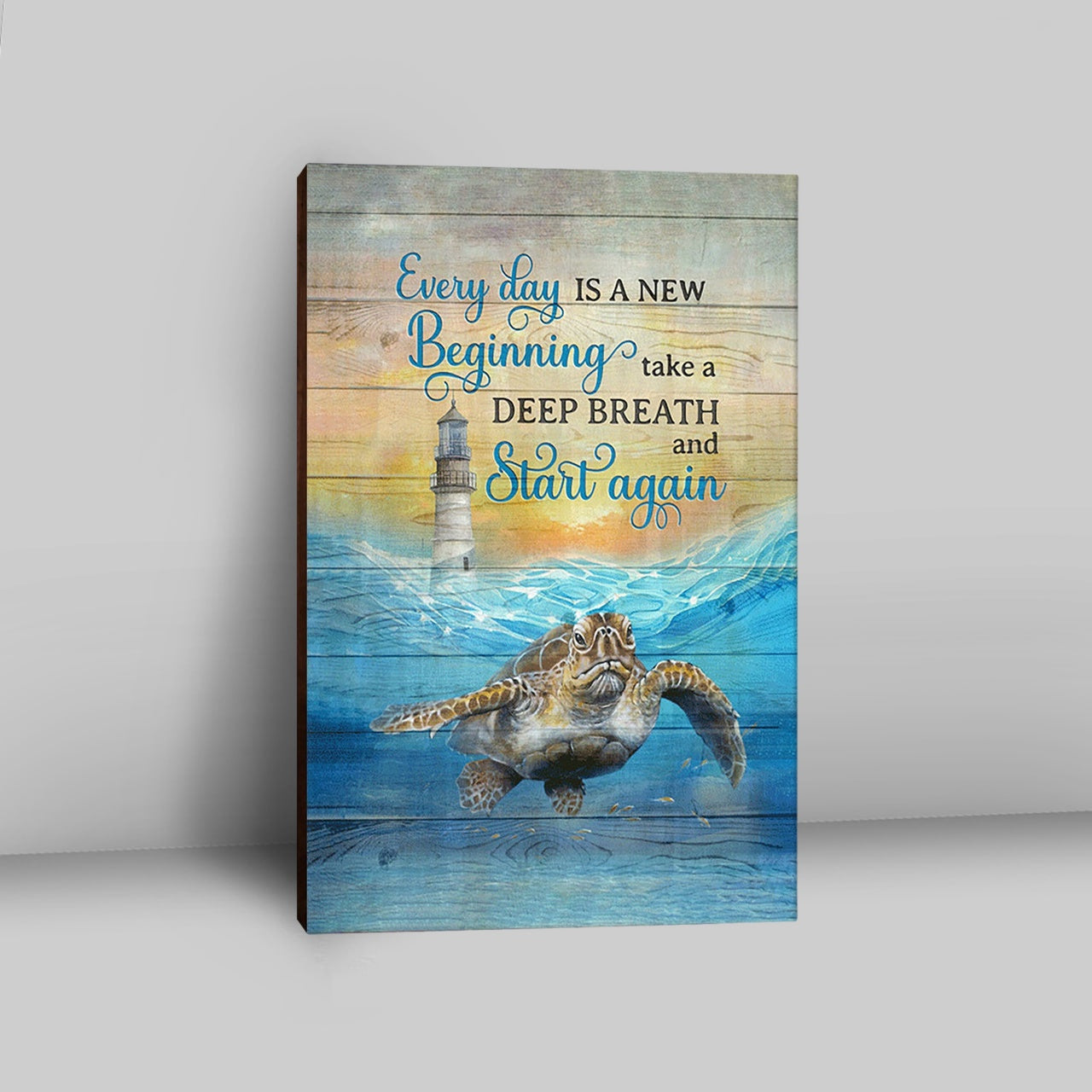 Everyday Is A New Beginning Sea Turtle Lighthouse Blue Ocean Canvas Wall Art - Christian Canvas Prints - Bible Verse Canvas Art