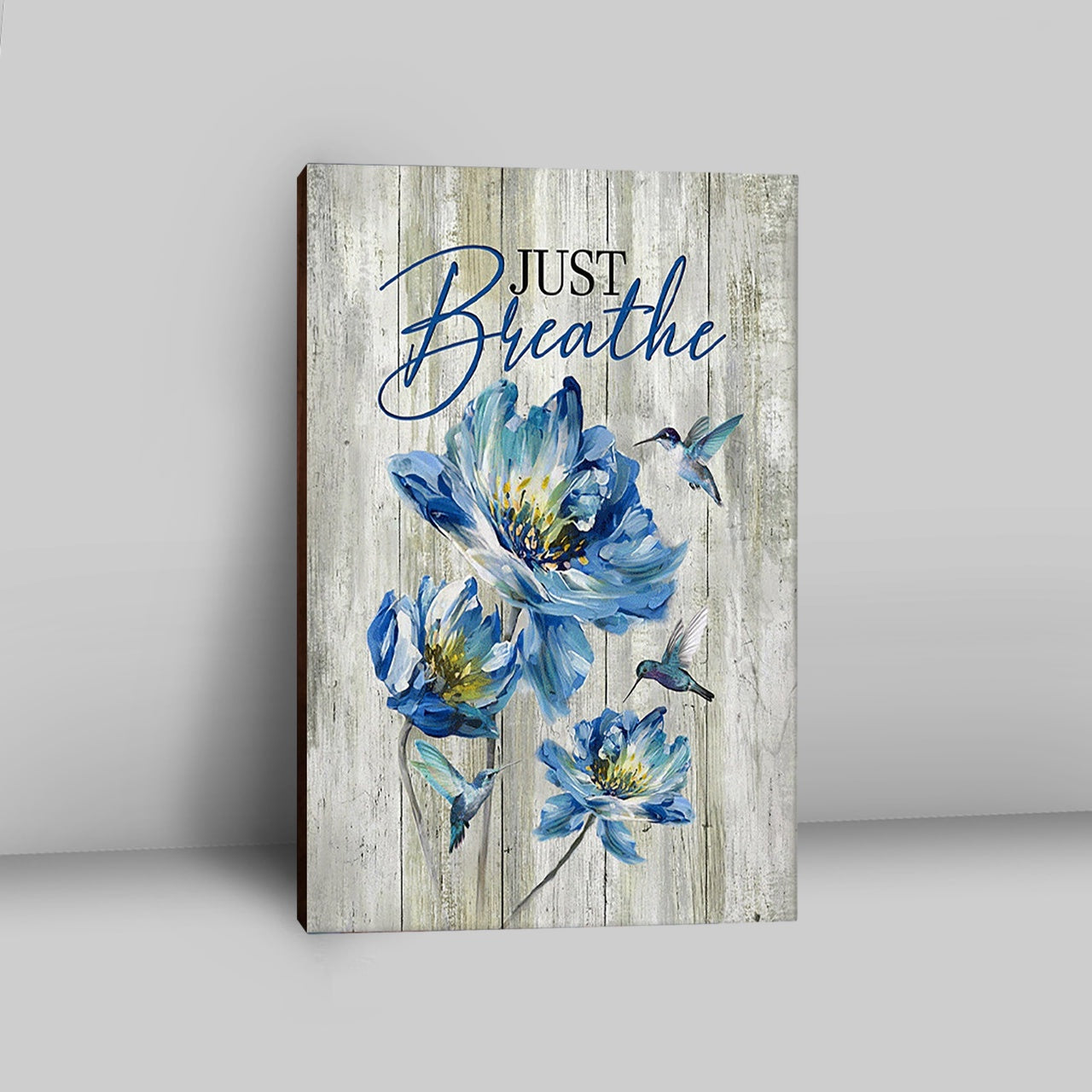 Just Breathe Blue Chrysanthemum Flower Hummingbird Canvas Wall Art - Bible Verse Canvas Art - Inspirational Art - Christian Home Decor