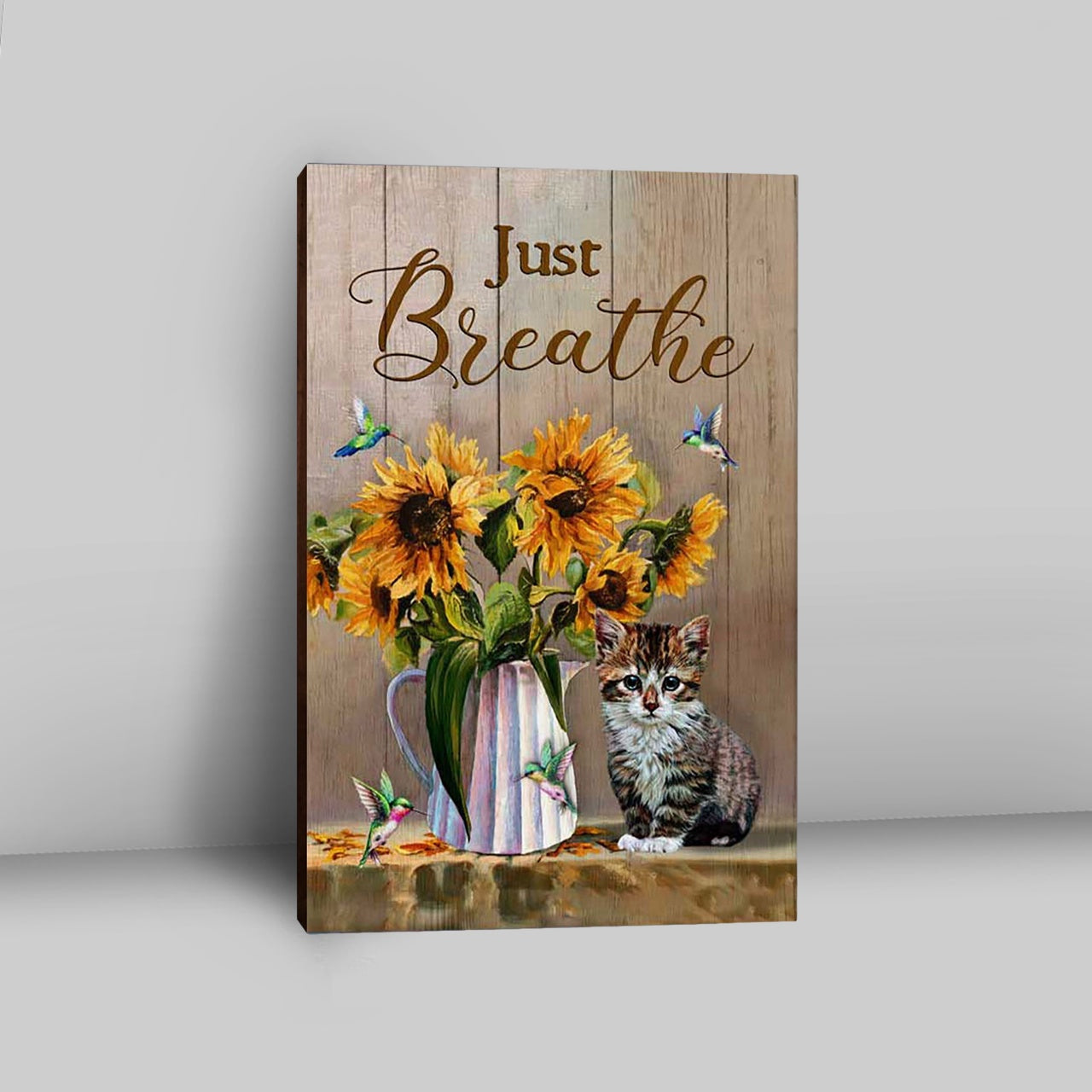 Just Breathe Sunflower Vase Little Cat Hummingbird Wall Art Canvas - Bible Verse Canvas Art - Christian Wall Art Home Decor