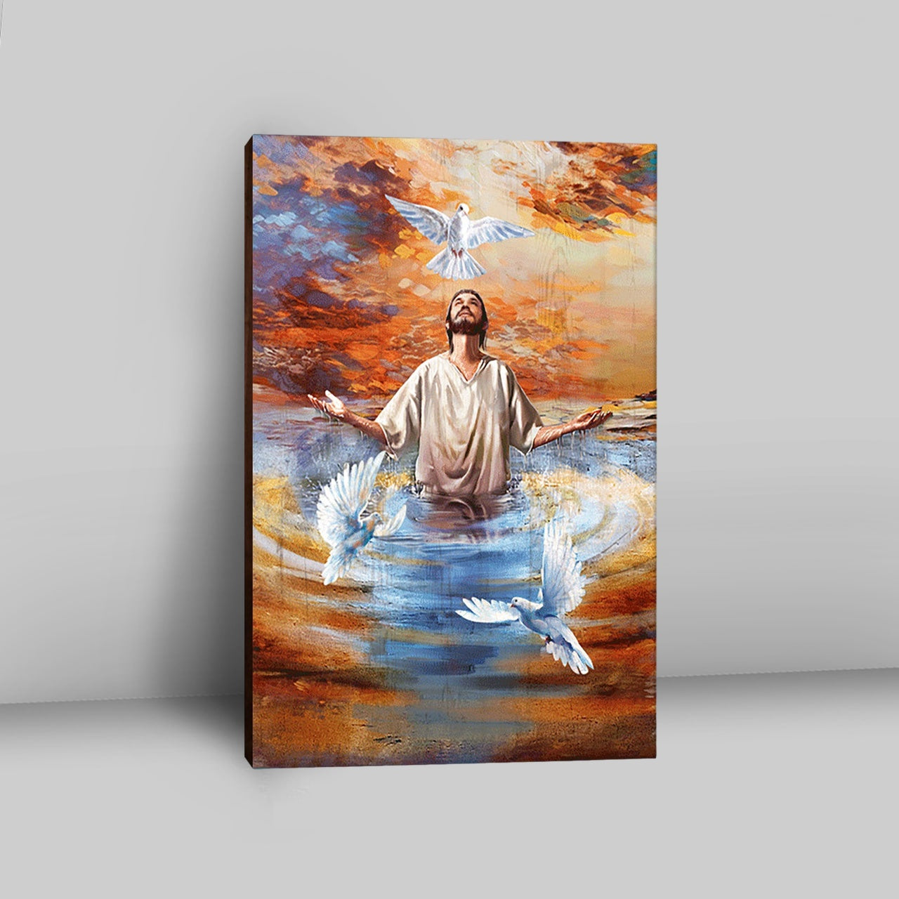 Jesus And Doves Baptism Canvas Wall Art - Bible Verse Canvas Art - Inspirational Art - Christian Home Decor