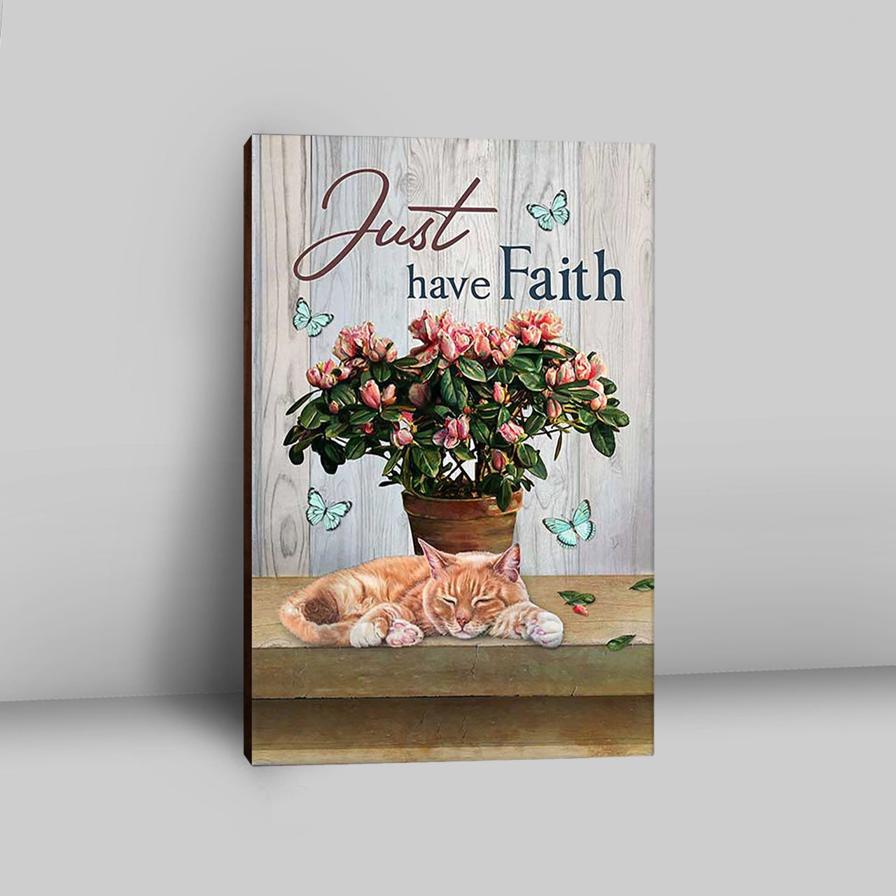 Just Have Faith Pink Flower Sleeping Cat Wall Art Canvas - Bible Verse Canvas Art - Christian Wall Art Home Decor