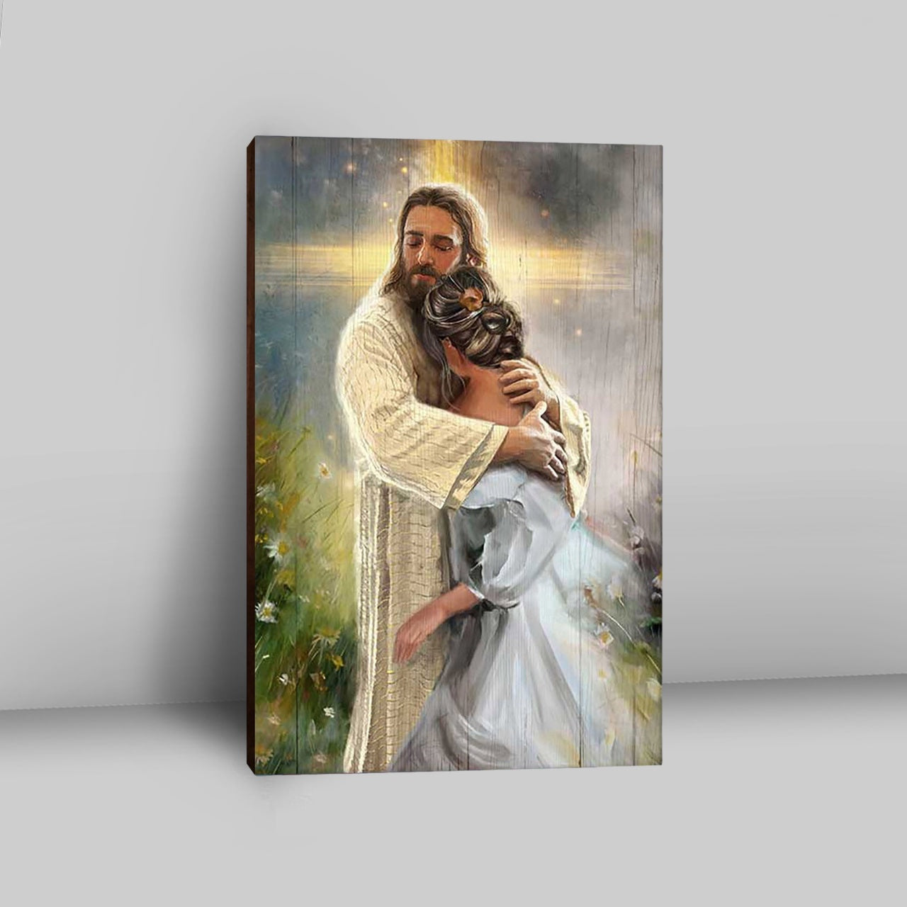 In The Arms Of God Canvas - Jesus Hug Daisy Field Canvas Art - Bible Verse Wall Art - Christian Inspirational Wall Decor