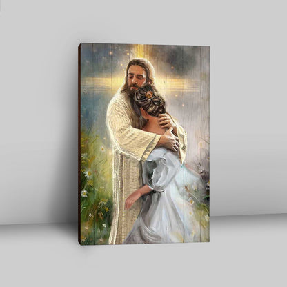 In The Arms Of God Canvas - Jesus Hug Daisy Field Canvas Art - Bible Verse Wall Art - Christian Inspirational Wall Decor