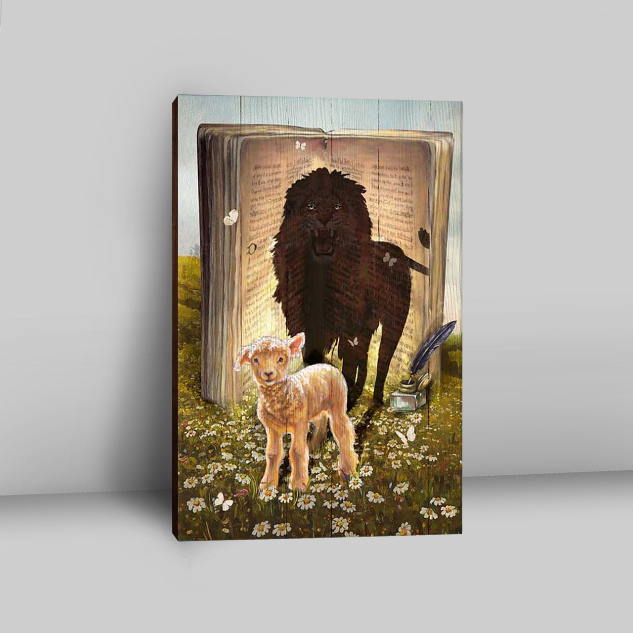 Lion And Lamb Of God Daisy Field White Butterfly Canvas - Lion Canvas Print - Christian Wall Art - Religious Home Decor