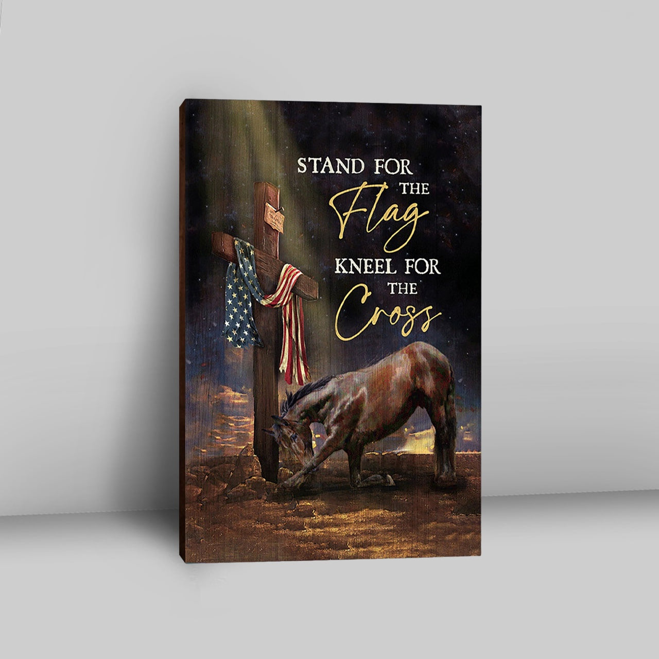 Black Horse Cross Stand For The Flag Canvas Wall Art - Bible Verse Canvas Art - Inspirational Art - Christian Home Decor