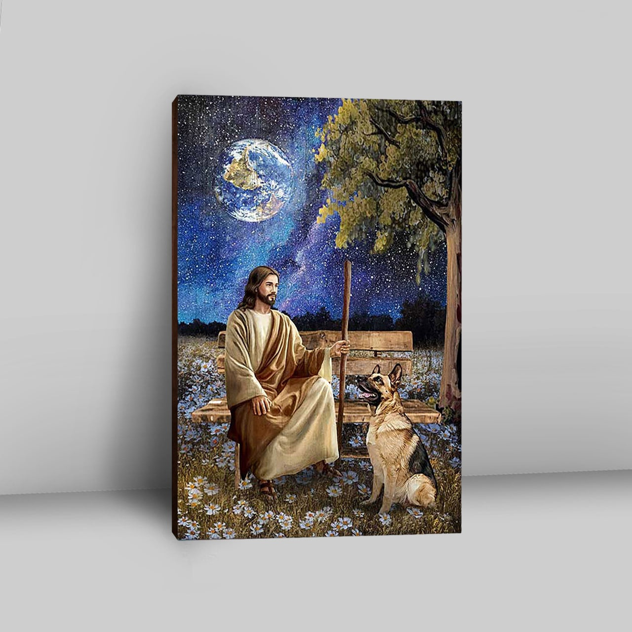 Jesus And German Shepherd Dog Daisy Field Wall Art Canvas - Jesus Portrait Canvas Prints - Christian Wall Art