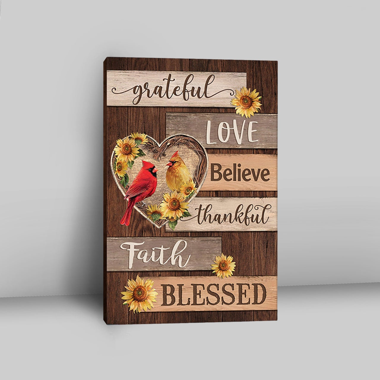 Cardinal Couple Sunflower Grateful Love Believe Canvas Art - Bible Verse Wall Art - Christian Inspirational Wall Decor