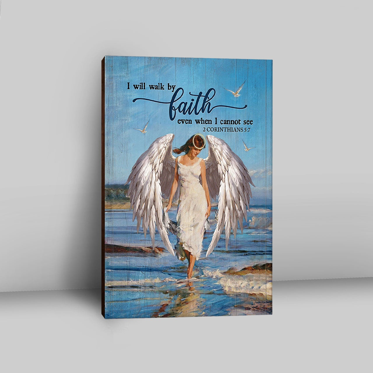 Angel Wings Ocean I Will Walk By Faith Canvas Wall Art - Christian Canvas Prints - Bible Verse Canvas Art