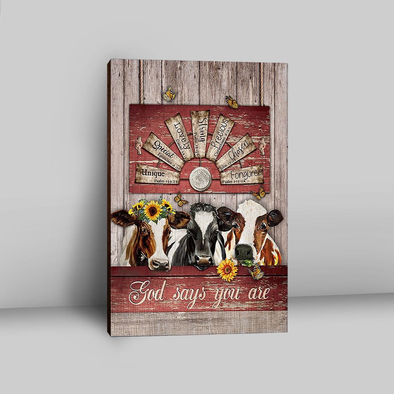 Dairy Cow Sunflower Wreath Windmill Canvas- God Says You Are Canvas Wall Art - Christian Canvas Prints