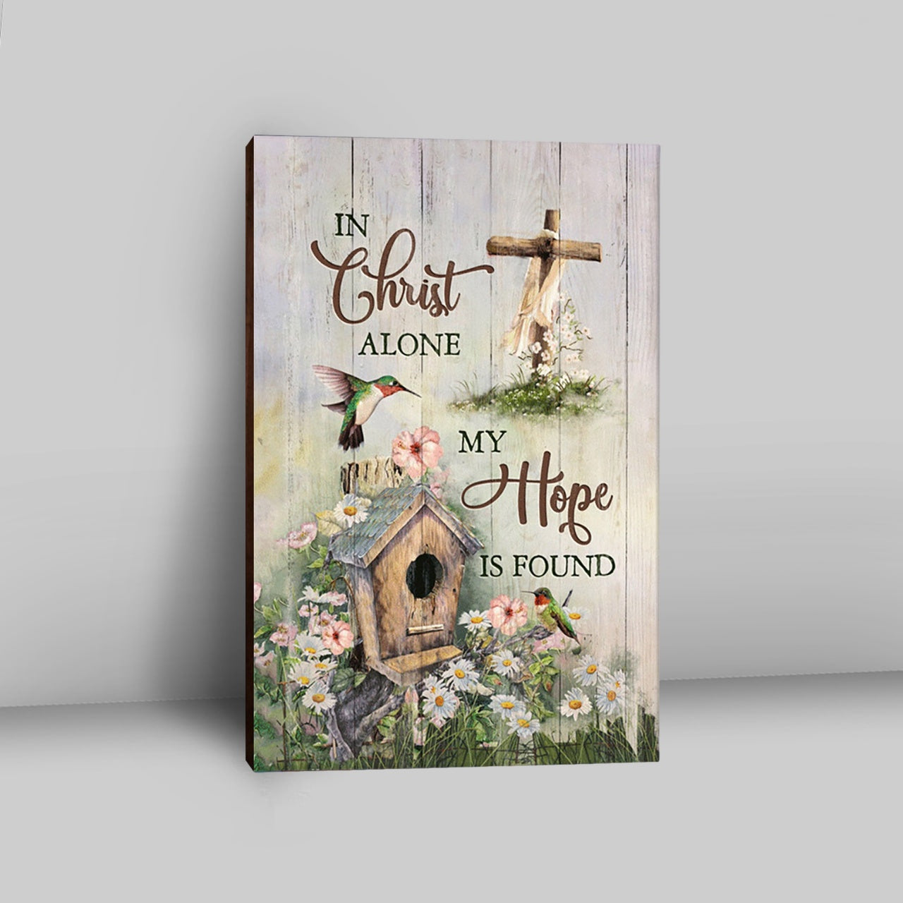 In Christ Alone My Hope Is Found Birdhouse Wooden Cross Hummingbird Canvas Art - Bible Verse Wall Art - Christian Inspirational Wall Decor