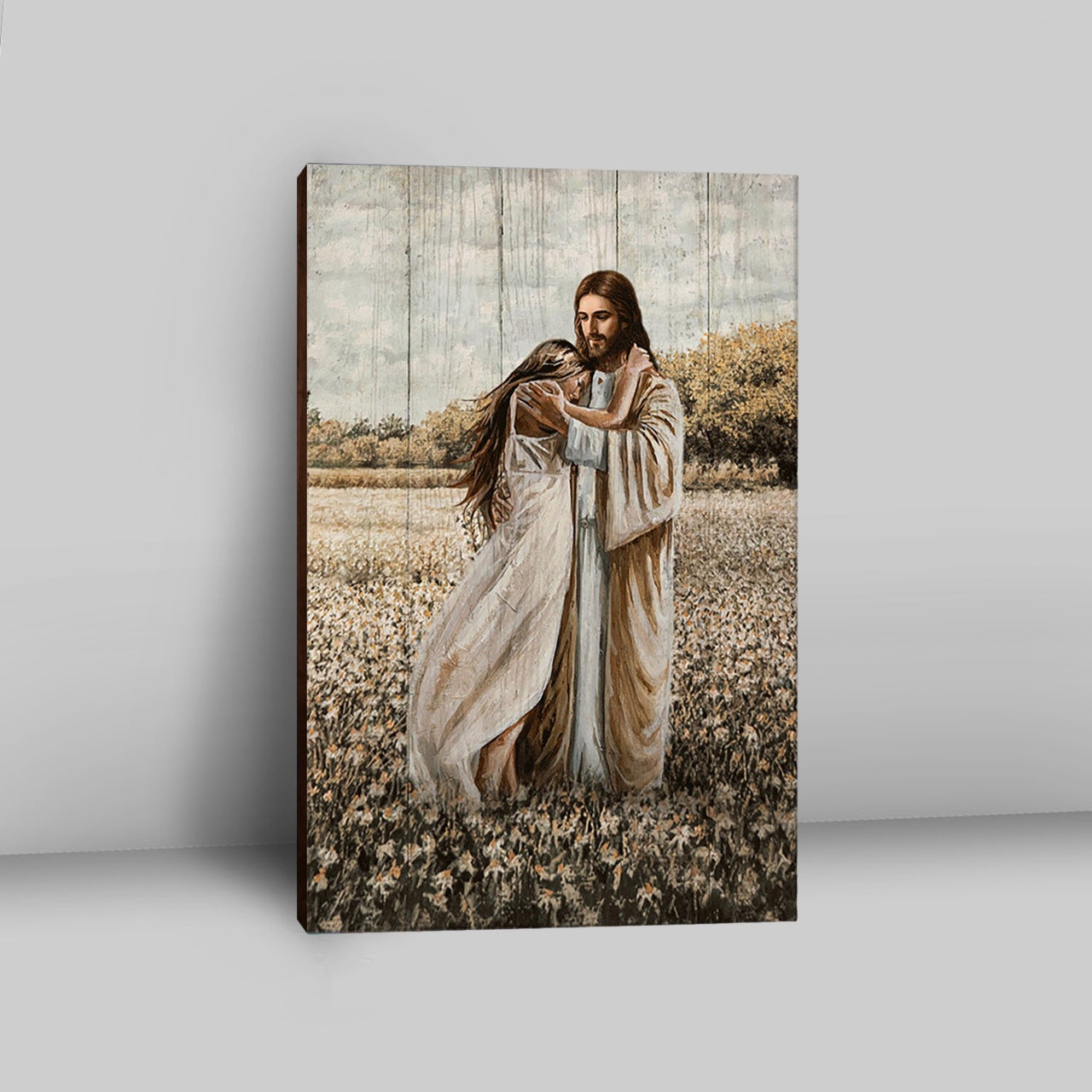 Jesus Hug Girl In Flower Field Canvas Wall Art - Christian Canvas Prints - Bible Verse Canvas Art