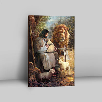 Jesus Lion Of Judah And The Lambs Canvas Wall Art - Bible Verse Canvas Art - Inspirational Art - Christian Home Decor