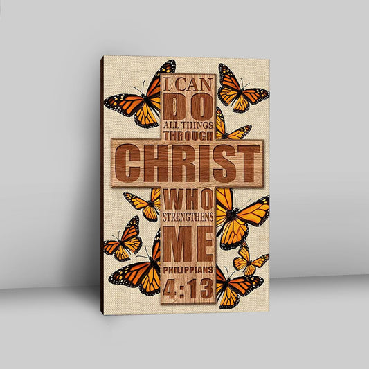 I Can Do All Things Through Christ Who Strengthens Me Cross Orange Butterfly Canvas Wall Art - Bible Verse Canvas Art