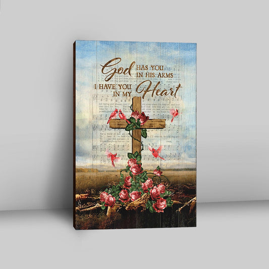 God Has You In His Arms Canvas - Red Rose Cardinal Wooden Cross Canvas Wall Art - Bible Verse Canvas Art - Christian Home Decor