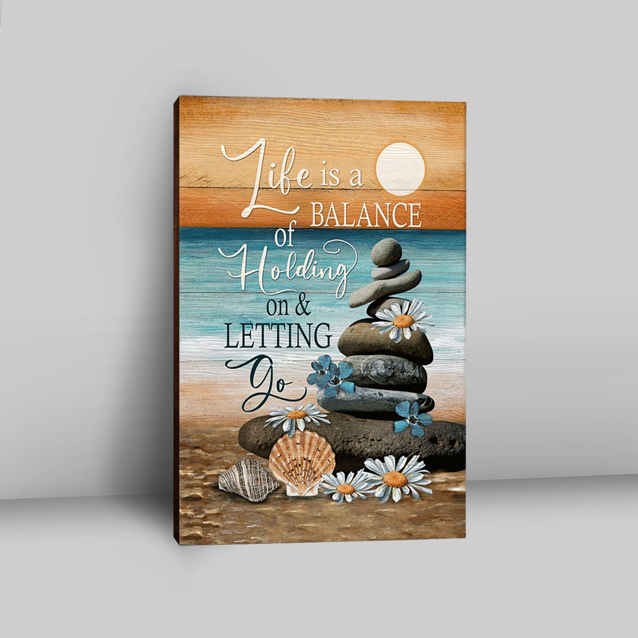 Life Is A Balance Of Holding On And Letting Go Canvas - Beach Scene Pebble Daisy Flower Canvas Wall Art - Christian Canvas Prints