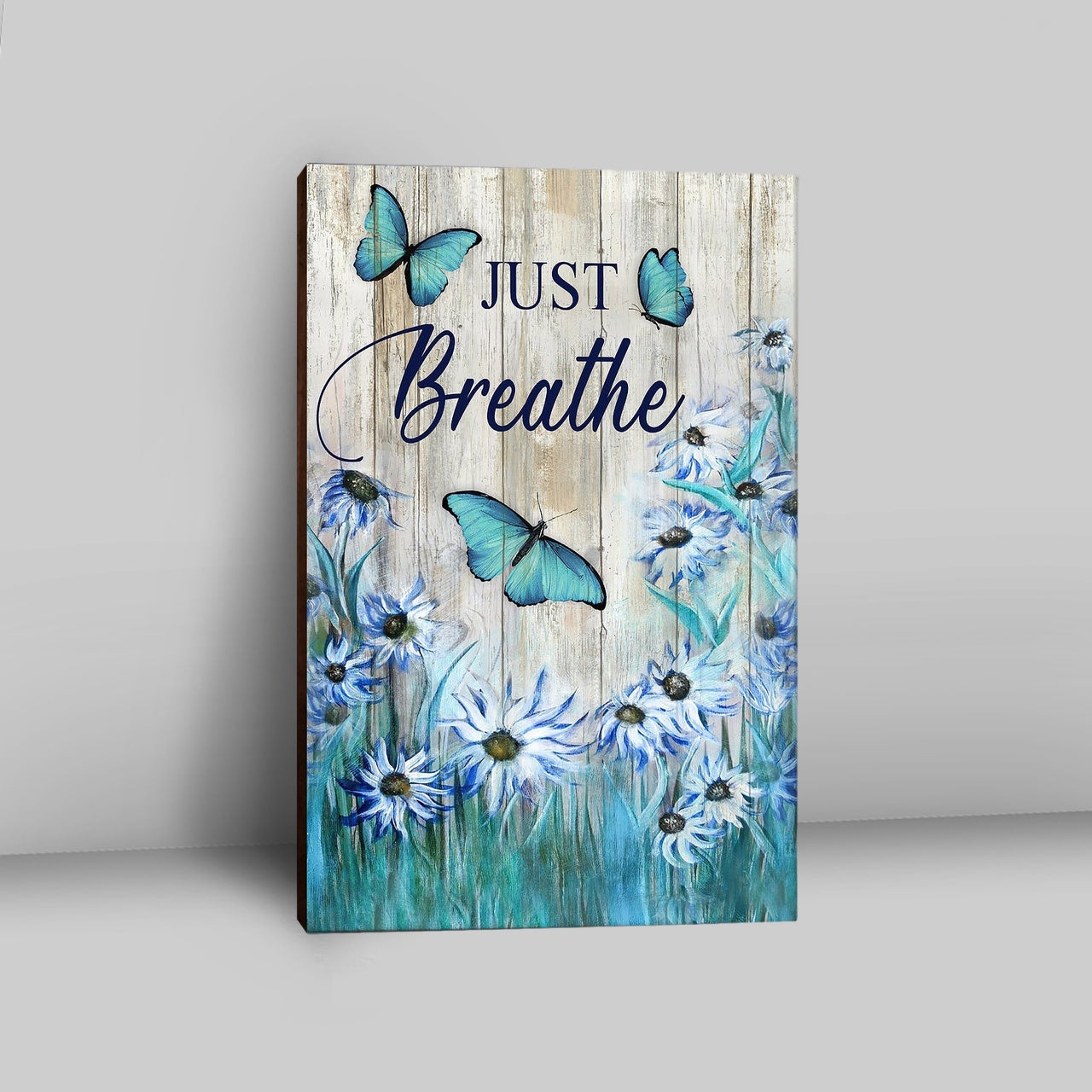 Just Breathe Butterfly Blue Flower Garden Canvas Art - Christian Art - Bible Verse Wall Art - Religious Home Decor