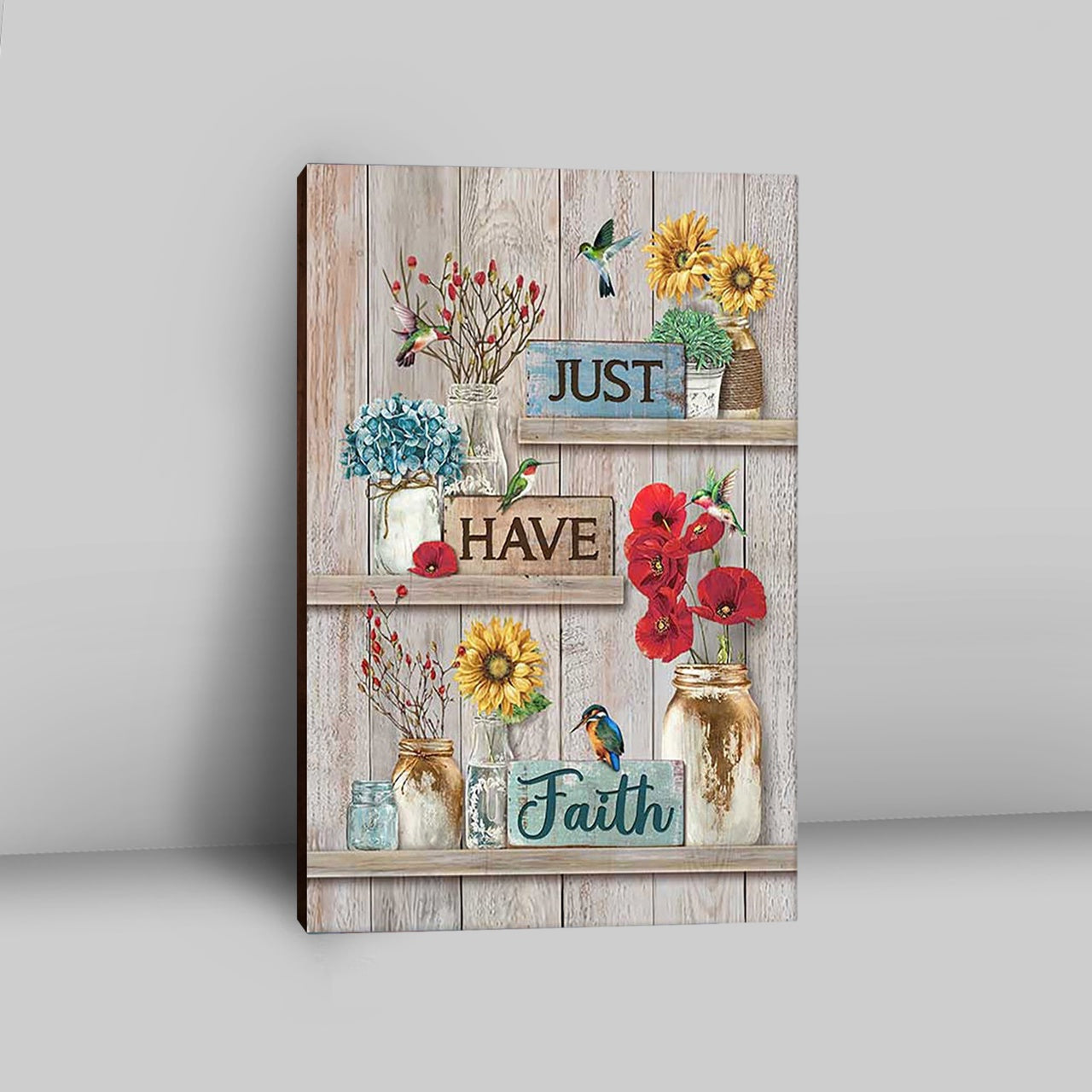 Just Have Faith Poppy Sunflower Hummingbird Wall Art Canvas - Bible Verse Canvas Art - Christian Wall Art Home Decor