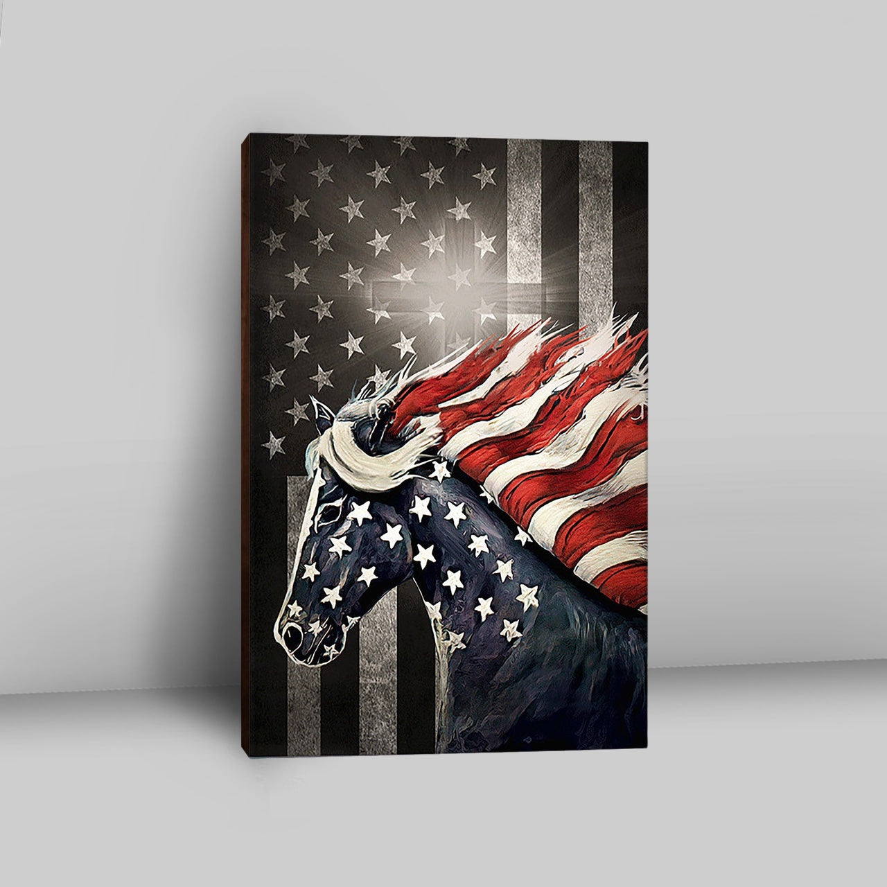 Horse Us Pattern Black Background Us Flag Canvas Canvas Wall Art - Christian Canvas Prints - Bible Verse Canvas Art