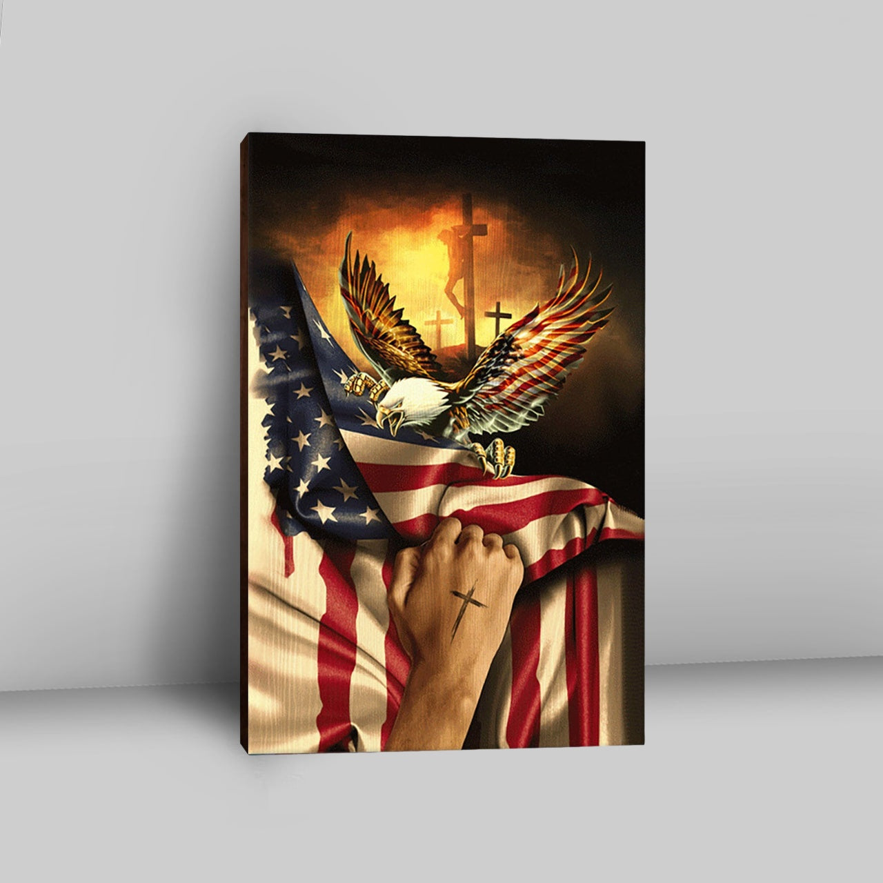 Bald Eagle American Flag Jesus Christ On Cross Take My Hand Canvas Wall Art - Christian Canvas Prints