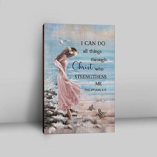 Girl In The Beach Turtle Blue Beach Canvas - I Can Do All Things Through Christ Canvas Wall Art - Bible Verse Canvas Art