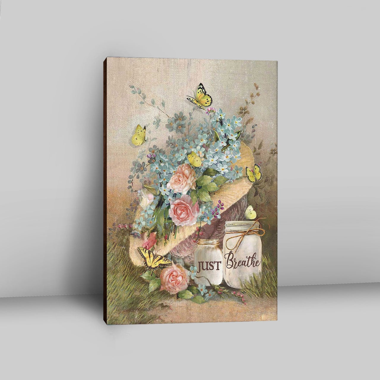 Just Breathe Pastel Flower Vase Yellow Butterfly Canvas Art - Christian Art - Bible Verse Wall Art - Religious Home Decor