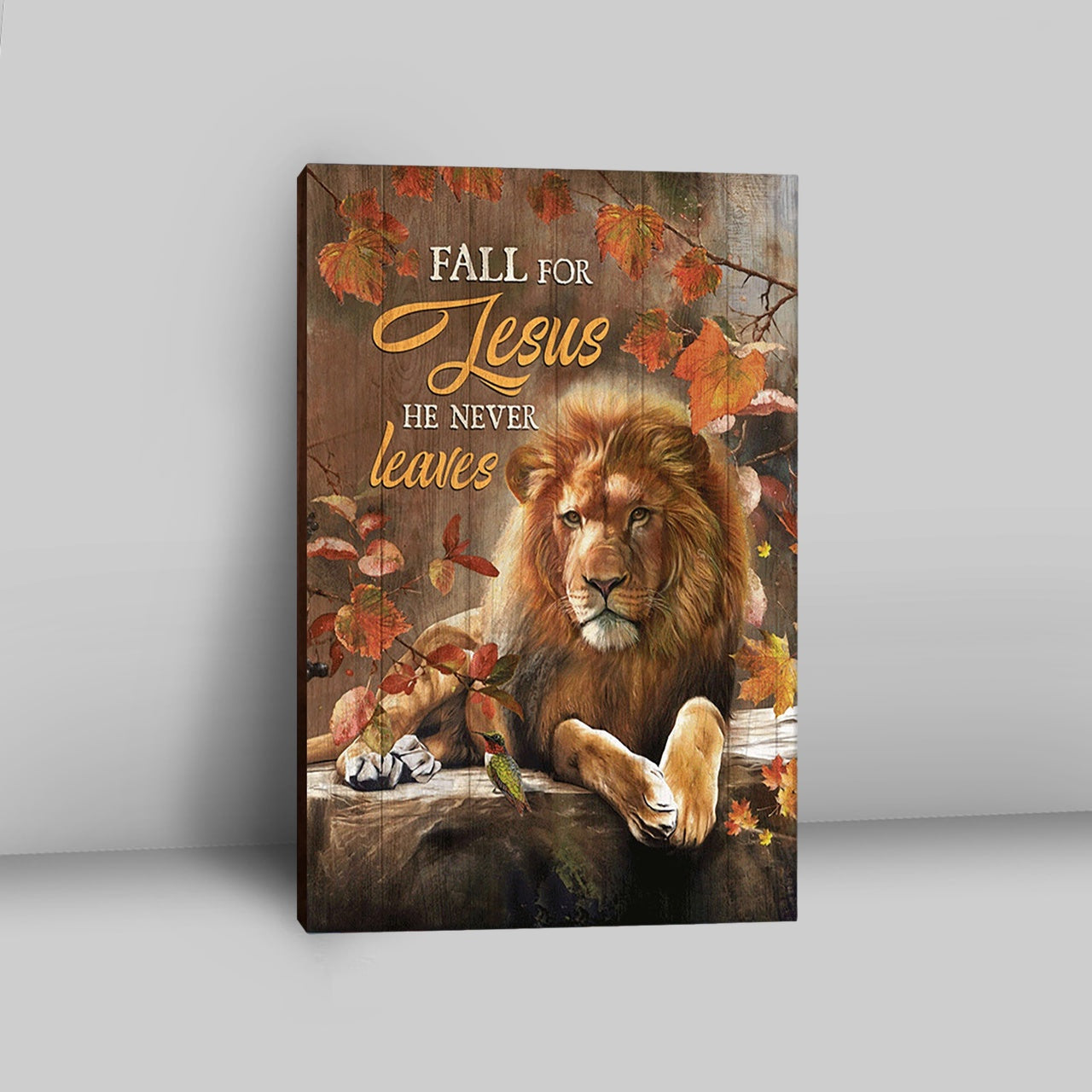 Autumn Season Lion Of Judah Autumn Leaves Fall For He Never Leaves Canvas Wall Art - Christian Canvas Prints