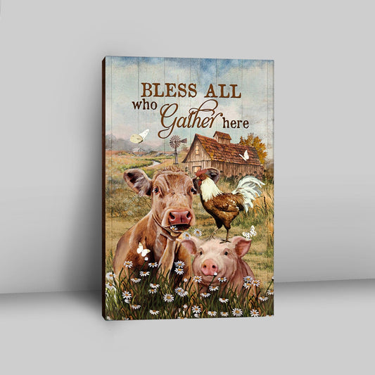 Bless All Who Gather Here Canvas - Animal Daisy Field Rooster Canvas Wall Art - Christian Canvas Prints - Bible Verse Canvas Art