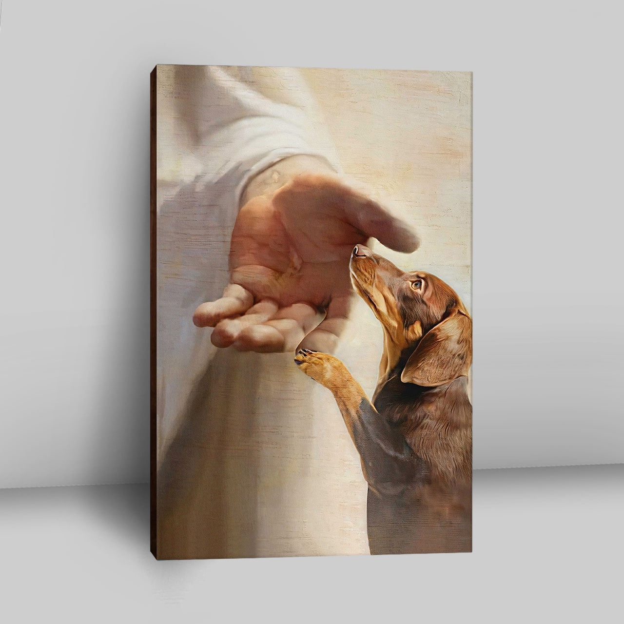 Dachshund Handshake With Jesus Canvas Wall Art - Jesus Canvas Pictures - Christian Canvas Wall Art