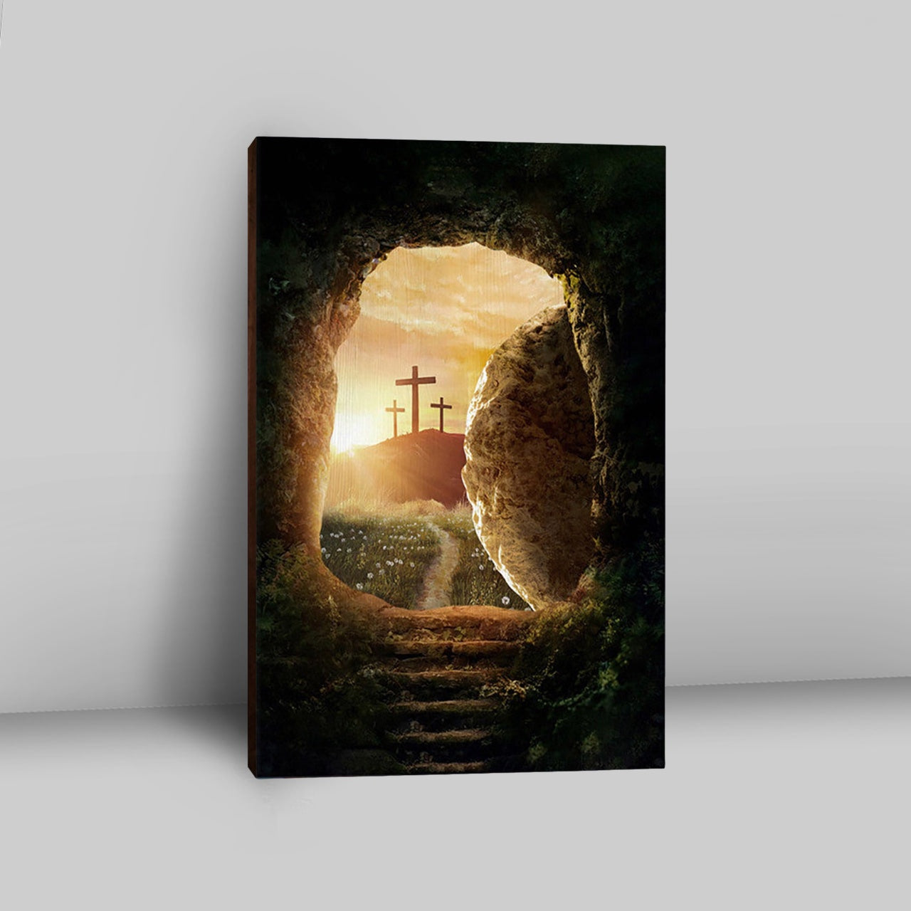 Cave Sunrise Three Crosses The Path To Paradise Canvas Wall Art - Christian Canvas Prints - Bible Verse Canvas Art